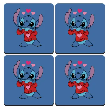 Stitch heart, ΣΕΤ 4 Σουβέρ ξύλινα τετράγωνα (9cm)