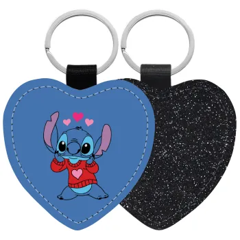 Stitch heart, Μπρελόκ PU δερμάτινο glitter καρδιά ΜΑΥΡΟ