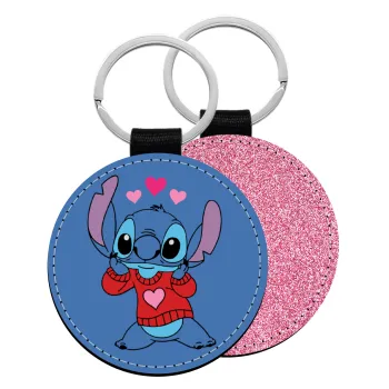 Stitch heart, Μπρελόκ Δερματίνη, στρογγυλό ΡΟΖ (5cm)