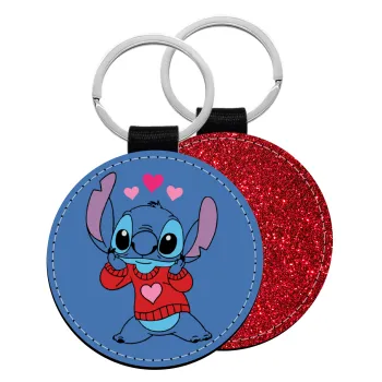 Stitch heart, Μπρελόκ Δερματίνη, στρογγυλό ΚΟΚΚΙΝΟ (5cm)