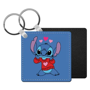 Stitch heart, Μπρελόκ Δερματίνη, τετράγωνο ΜΑΥΡΟ (5x5cm)