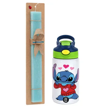 Stitch heart, Πασχαλινή Λαμπάδα με Παιδικό παγούρι θερμό, ανοξείδωτο, με καλαμάκι ασφαλείας, πράσινο/μπλε (350ml) & κερί αρωματικό πλακέ (30cm) (ΤΙΡΚΟΥΑΖ)
