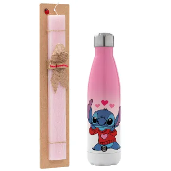 Stitch heart, Πασχαλινή Λαμπάδα με Μεταλλικό παγούρι θερμός Ροζ/Λευκό (Stainless steel), διπλού τοιχώματος, 500ml & κερί αρωματικό πλακέ (30cm) (ΡΟΖ)