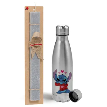 Stitch heart, Πασχαλινή Λαμπάδα με μεταλλικό παγούρι Inox (750ml) & κερί αρωματικό πλακέ (30cm) (ΓΚΡΙ)