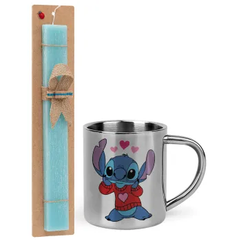 Stitch heart, Easter Set, metallic thermal cup (300ml) & aromatic flat Easter candle (30cm) (TURQUOISE)