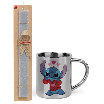 Stitch heart, Easter Set, metallic thermal cup (300ml) & Easter aromatic flat candle (30cm) (GRAY)