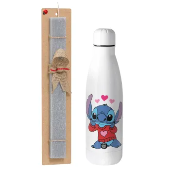 Stitch heart, Easter Set, metallic stainless thermos bottle (500ml) & scented flat Easter candle (30cm) (GRAY)