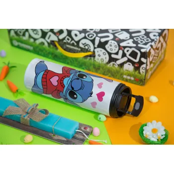 Stitch heart, Πασχαλινή Λαμπάδα με Travel Tumbler θερμό με διπλό καπάκι (600ml, BPA free) & κερί αρωματικό πλακέ (30cm) (ΤΙΡΚΟΥΑΖ)