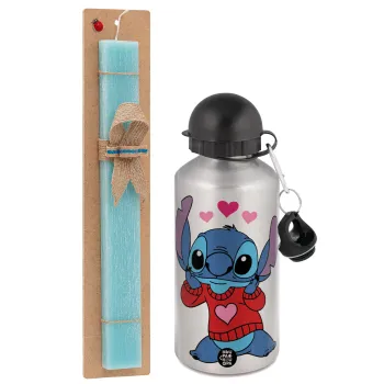 Stitch heart, Πασχαλινή Λαμπάδα με παγούρι μεταλλικό Ασημένιο αλουμινίου (500ml) & κερί αρωματικό πλακέ (30cm) (ΤΙΡΚΟΥΑΖ)