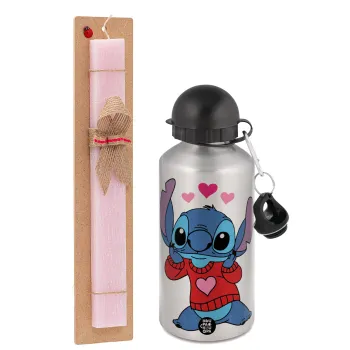 Stitch heart, Πασχαλινή Λαμπάδα με παγούρι μεταλλικό Ασημένιο αλουμινίου (500ml) & κερί αρωματικό πλακέ (30cm) (ΡΟΖ)