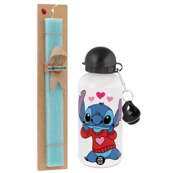 Stitch heart, Easter Set, metallic aluminum water bottle (500ml) & scented flat candle (30cm) (TURQUOISE)