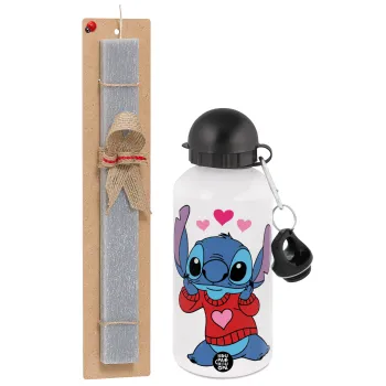 Stitch heart, Πασχαλινή Λαμπάδα με παγούρι μεταλλικό  αλουμινίου (500ml) & κερί αρωματικό πλακέ (30cm) (ΓΚΡΙ)