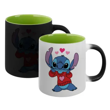 Stitch heart, Κούπα Μαγική εσωτερικό πράσινο, κεραμική 330ml που αλλάζει χρώμα με το ζεστό ρόφημα