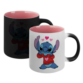Stitch heart, Κούπα Μαγική εσωτερικό ΡΟΖ, κεραμική 330ml που αλλάζει χρώμα με το ζεστό ρόφημα