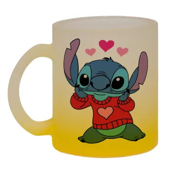 Stitch heart, Κούπα γυάλινη δίχρωμη με βάση το κίτρινο ματ, 330ml
