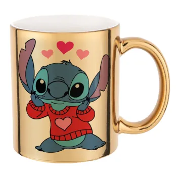Stitch heart, Κούπα κεραμική, χρυσή καθρέπτης, 330ml