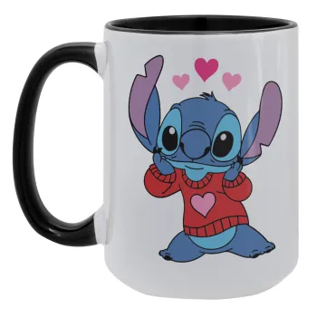Stitch heart, Κούπα Mega 15oz, κεραμική Μαύρη, 450ml