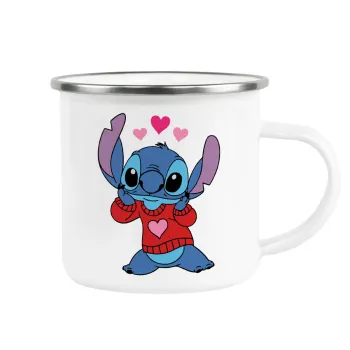 Stitch heart, Κούπα Μεταλλική εμαγιέ λευκη 360ml