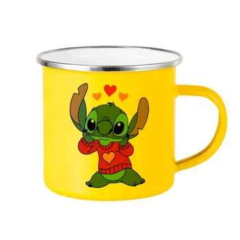 Stitch heart, Κούπα Μεταλλική εμαγιέ Κίτρινη 360ml