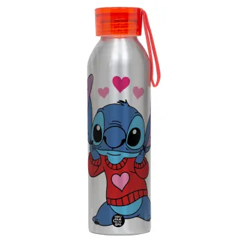 Stitch heart, Αλουμινένιο Αθλητικό Μπουκάλι 650ml – Ασημί με Κόκκινο Καπάκι και Λουράκι Σιλικόνης