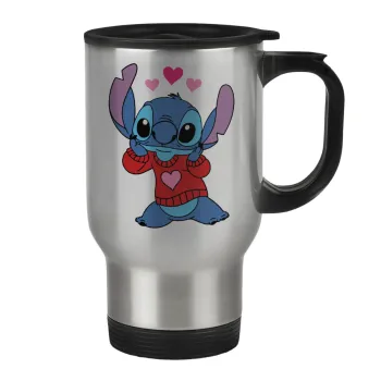 Stitch heart, Κούπα ταξιδιού ανοξείδωτη με καπάκι, διπλού τοιχώματος (θερμό) 450ml