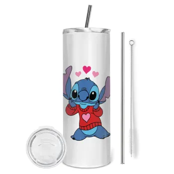 Stitch heart, Tumbler stainless steel 600ml, with metal straw & cleaning brush