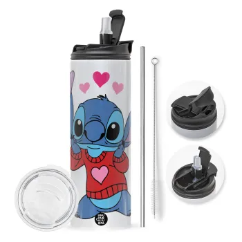 Stitch heart, Travel Tumbler θερμό με διπλό καπάκι, μεταλλικό καλαμάκι και βούρτσα καθαρισμού (Ανωξείδωτο 304 Food grade, BPA free, 600ml)