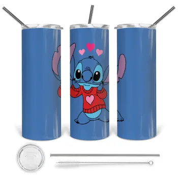 Stitch heart, Tumbler ποτήρι θερμό από ανοξείδωτο ατσάλι 600ml, με μεταλλικό καλαμάκι & βούρτσα καθαρισμού