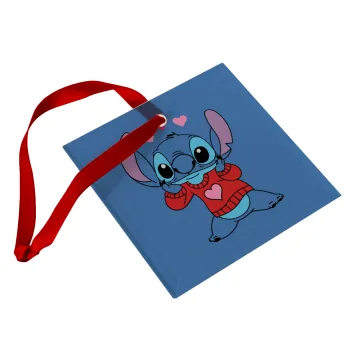 Stitch heart, Στολίδι Χριστουγεννιάτικο στολίδι γυάλινο τετράγωνο 9x9cm