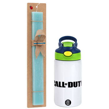 Call of Duty, Easter Set, Children's thermal stainless steel bottle with safety straw, green/blue (350ml) & aromatic flat Easter candle (30cm) (TURQUOISE)