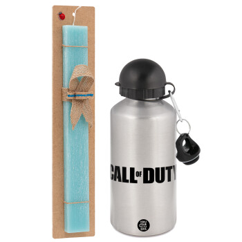Call of Duty, Easter Set, metallic silver aluminum water bottle (500ml) & scented flat Easter candle (30cm) (TURQUOISE)