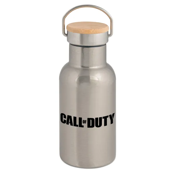 Call of Duty — Stainless steel metallic thermos flask, silver with a bamboo lid, double-walled, 350ml.