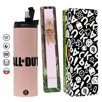 Call of Duty, Easter candle,Travel Tumbler 2 Lids, with metal straw & cleaning brush & aromatic flat candle (30cm) (PINK)