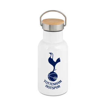 Tottenham Hotspur, Μεταλλικό παγούρι θερμός (Stainless steel) Λευκό με ξύλινο καπακι (bamboo), διπλού τοιχώματος, 350ml
