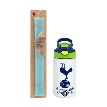 Tottenham Hotspur, Easter Set, Children's thermal stainless steel bottle with safety straw, green/blue (350ml) & aromatic flat Easter candle (30cm) (TURQUOISE)