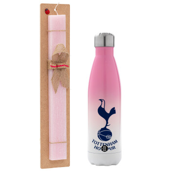 Tottenham Hotspur, Easter Set, Metallic pink/white (Stainless steel) thermos, double-walled, 500ml & aromatic flat Easter candle (30cm) (PINK)