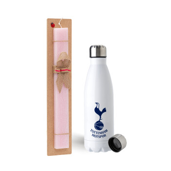 Tottenham Hotspur, Easter Set, metallic stainless steel water bottle (750ml) & scented flat Easter candle (30cm) (PINK)