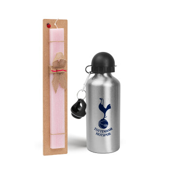 Tottenham Hotspur, Easter Set, metallic Silver aluminum water bottle (500ml) & scented flat Easter candle (30cm) (PINK)