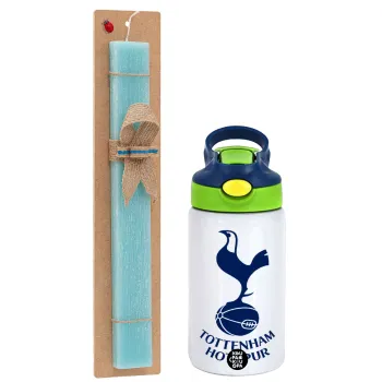 Tottenham Hotspur, Easter Set, Children's thermal stainless steel bottle with safety straw, green/blue (350ml) & aromatic flat Easter candle (30cm) (TURQUOISE)