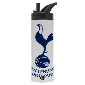 Tottenham Hotspur, Metallic thermos bottle with straw & handle, stainless steel (Stainless steel 304), double-walled, 600ml.