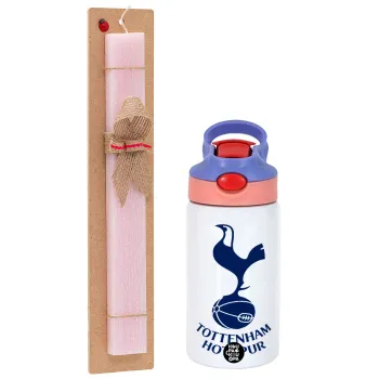 Tottenham Hotspur, Easter Set, Children's thermal stainless steel water bottle with safety straw, pink/purple (350ml) & Easter scented flat candle (30cm) (PINK)