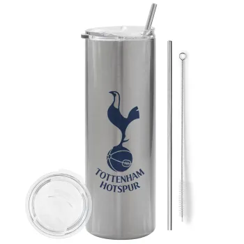 Tottenham Hotspur, Tumbler ποτήρι θερμό Ασημένιο από ανοξείδωτο ατσάλι 600ml, με μεταλλικό καλαμάκι & βούρτσα καθαρισμού