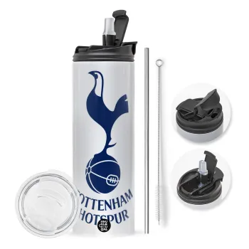 Tottenham Hotspur, Travel Tumbler θερμό με διπλό καπάκι, μεταλλικό καλαμάκι και βούρτσα καθαρισμού (Ανωξείδωτο 304 Food grade, BPA free, 600ml)