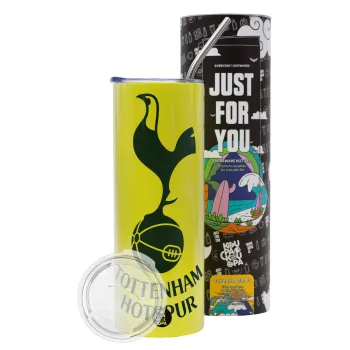 Tottenham Hotspur, Neon Yellow Travel Tumbler θερμό, μεταλλικό καλαμάκι(Ανωξείδωτο 304 Food grade, BPA free, 600ml)