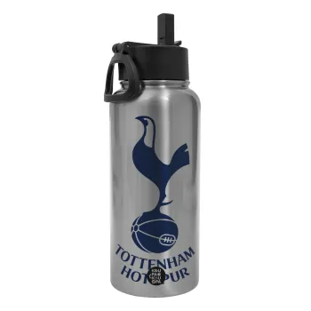 Tottenham Hotspur, Μεταλλικό παγούρι θερμός Silver με καλαμάκι και χερούλι (Stainless steel), διπλού τοιχώματος, 950ml