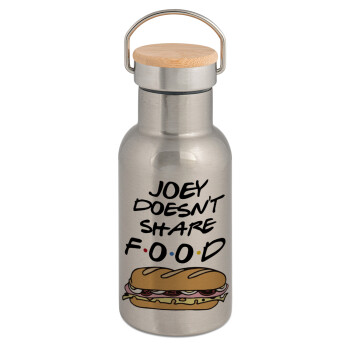 Joey Doesn't Share Food, Stainless steel metallic thermos flask, silver with a bamboo lid, double-walled, 350ml.