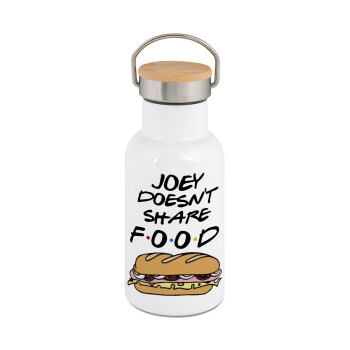 Joey Doesn't Share Food, Μεταλλικό παγούρι θερμός (Stainless steel) Λευκό με ξύλινο καπακι (bamboo), διπλού τοιχώματος, 350ml