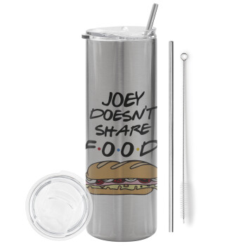 Joey Doesn't Share Food, Eco friendly ποτήρι θερμό Ασημένιο (tumbler) από ανοξείδωτο ατσάλι 600ml, με μεταλλικό καλαμάκι & βούρτσα καθαρισμού
