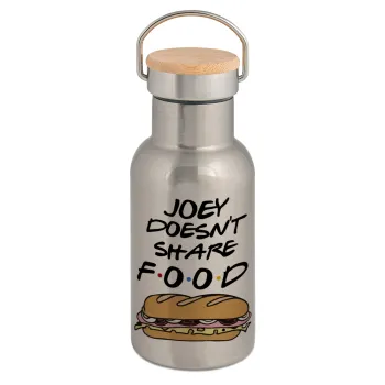 Joey Doesn't Share Food, Stainless steel metallic thermos flask, silver with a bamboo lid, double-walled, 350ml.