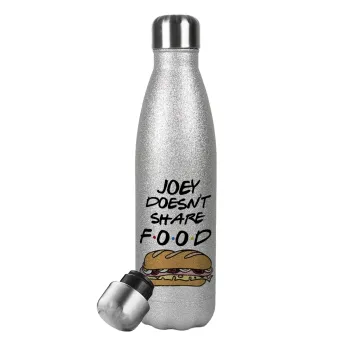 Joey Doesn't Share Food, Μεταλλικό παγούρι θερμός Glitter Aσημένιο (Stainless steel), διπλού τοιχώματος, 500ml